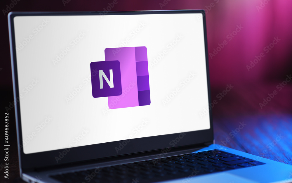 Image Onenote On Computer Screen Laptop computer displaying logo of Microsoft OneNote Stock Photo ...