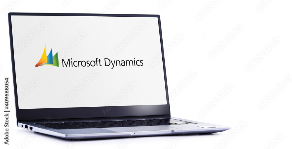 Laptop computer displaying logo of Microsoft Dynamics Stock Photo ...