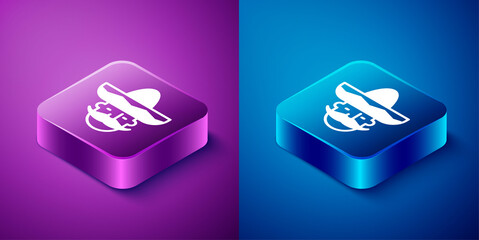 Poster - Isometric Mexican man wearing sombrero icon isolated on blue and purple background. Hispanic man with a mustache. Square button. Vector.