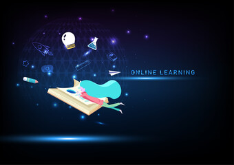 Online learning, girl reads book on digital futuristic background, people learning concept vector illustration