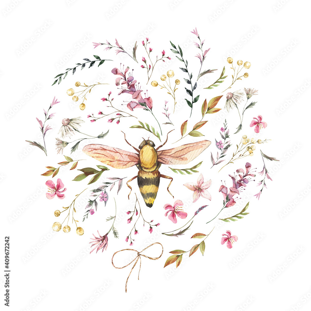 Watercolor bee illustration. Vintage wildflowers wreath. Natural botanical illustration - obrazy, fototapety, plakaty 
