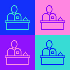 Poster - Pop art line Receptionist standing at hotel reception desk icon isolated on color background. Vector.