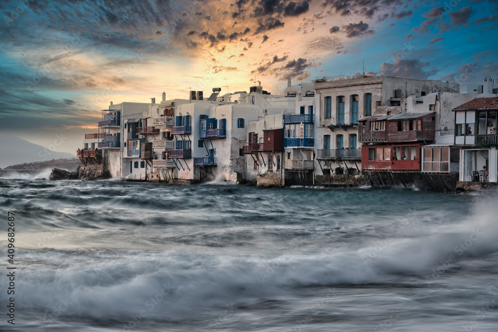 Mykonos Little Venice. Greece: Little Venice is one of the most romantic places in Mykonos. - obrazy, fototapety, plakaty 