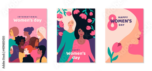International Women's day posters set. Background with different woman face and flowers. 8 March card, flyer, invitation or brochure cover template for empowerment movement. Vector illustration. © kotoffei
