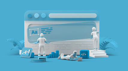 Wall Mural - web ui ux design teamwork concept 3d illustration. team people building creating website user interf