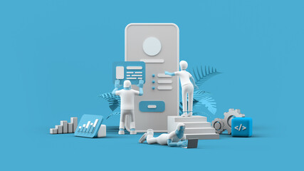 Wall Mural - web ui ux app design teamwork concept 3d illustration. team people building creating application use