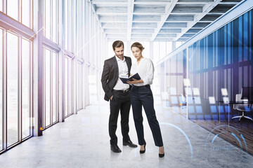 Poster - Man and woman in panoramic office with graphs