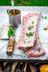 Wall Mural - Seasoning fresh and raw ribs with herbs and spices