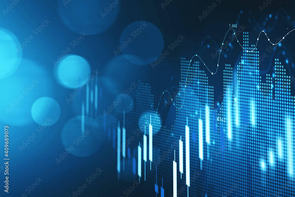 Concept of stock market and fintech forex concept. Blurry blue digital charts over dark blue background. Futuristic financial interface. 3d render illustration.