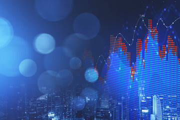 Wall Mural - Concept of stock market and fintech forex concept. Blurry blue digital charts over dark blue background. Futuristic financial interface. 3d render illustration. City double exposure