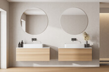 Interior Of Stylish Bathroom With Grey Walls, Wooden Floor And Comfortable Two Sinks With Two Round Mirrors. 3d Rendering