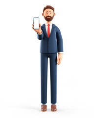 Wall Mural - 3D illustration of standing man holding smartphone and showing blank screen. Close up portrait of cartoon smiling businessman demonstrating empty phone display, isolated on white.