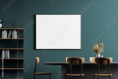 Dining room interior, table with chairs and a framed horizontal poster above it. 3d rendering mock up © denisismagilov