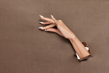 Female Hand With Long White Nails Sticking Out Of Brown Paper Background
