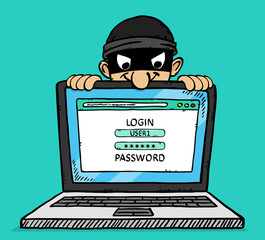 Colorful, cartoon style vector illustration of masked hacker spying privet computer when user is trying to login. The hacker wants to steal private data from webpage. Doodle style illustration.