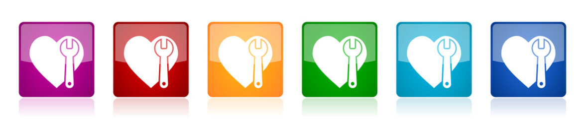 Leinwandbilder - Wrench and heart icon set, square glossy vector buttons in 6 colors options for webdesign and mobile applications