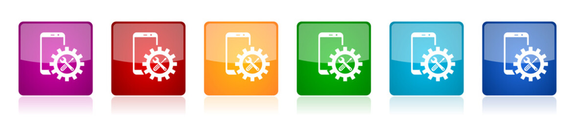 Leinwandbilder - Mobile phone, smartphone service icon set, square glossy vector buttons in 6 colors options for webdesign and mobile applications