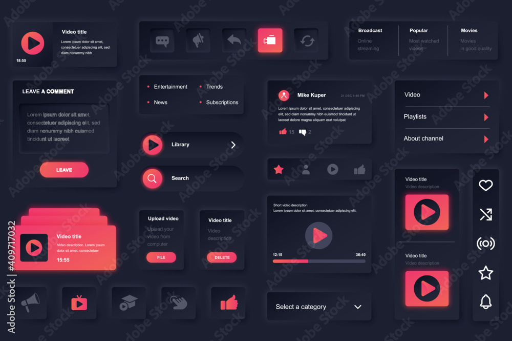 User interface elements for video tube mobile app. Unique neumorphic design UI, UX, GUI, KIT elements template. Neumorphism style. Different form, components, button, menu, video hosting vector icons. - obrazy, fototapety, plakaty 