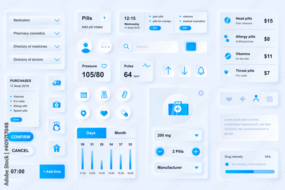 User interface elements for medical mobile app. Unique neumorphic design UI, UX, GUI, KIT elements template. Neumorphism style. Different form, components, button, menu, medicine vector icons. - obrazy, fototapety, plakaty 