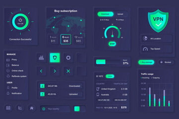 Aufkleber - User interface elements for VPN service mobile app. Unique neumorphic design UI, UX, GUI, KIT elements template. Neumorphism style. Different form, components, button, menu, VPN vector icons.