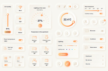 Fototapete - User interface elements for smart home mobile app. Unique neumorphic design UI, UX, GUI, KIT elements template. Neumorphism style. Different form, components, button, menu, vector icons.