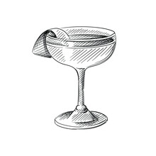 Hand Drawn Sketch Of Cocktail Drink In Champagne Saucer On A White Background. Cocktail Drinks. Drinks In Cocktail Glasses. Alcohol Beverages