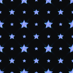 Wall Mural - Shining crystal blue stars background. 3D vector illustration Space and night background. Seamless pattern.