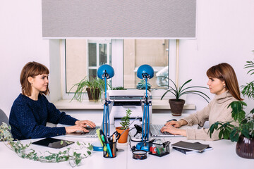 Two women twins are working opposite each other in the office on a laptop. Interaction of sisters and work colleagues. The psychology of working relationships.