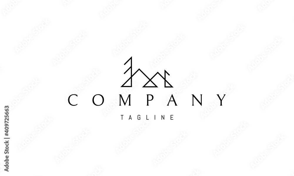 Vector logo on which an abstract image of mountains and trees in a minimalistic style. - obrazy, fototapety, plakaty 