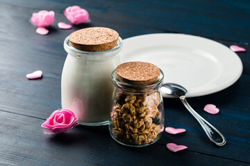 Sticker - Dry breakfast Crunchy granola bowl with flax seeds on a table. Healthy and fiber food. Breakfast time