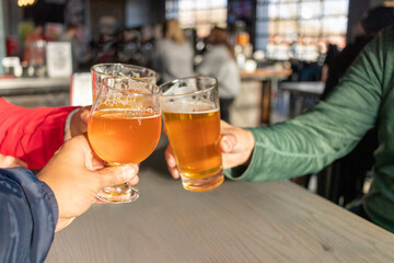 Friends celebrating with beers in a pub