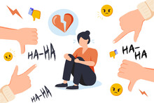 Social Media Bullying. Haters Pointing Fingers Frim Monitor At Victim, Laughing At Crying Girl. Flat Vector Illustration