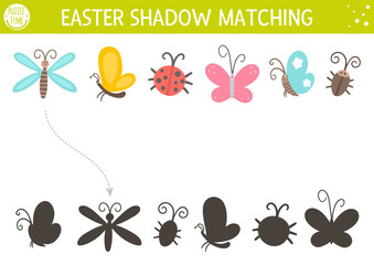 Wall Mural - Easter shadow matching activity for children. Fun spring puzzle with cute insects. Holiday celebration educational game for kids. Find the correct silhouette printable worksheet. .