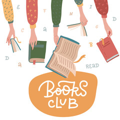 Cute cartoon illustration of Reading club. Open books in human hands, letters and words around. Colorful hand drawn graphic concept. Vector design with lettering.