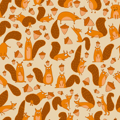 Poster - Funny squirrels with nut, seamless pattern