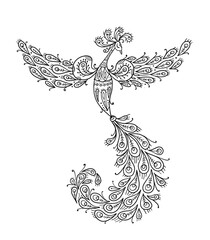 Poster - Firebird with a Majestic Tail. Phoenix Bird. Mythical character. Ornamental Silhouette for your design
