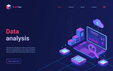 Poster - Data analysis, financial analytics isometric vector illustration. Cartoon 3d analyst trader workplace with laptop and big chart graph information, finance research business technology landing page