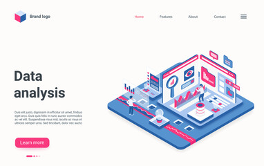 Poster - Data analysis service concept isometric vector illustration. Cartoon 3d developer people work with graphic data information on digital dashboard, analytics optimization and development landing page