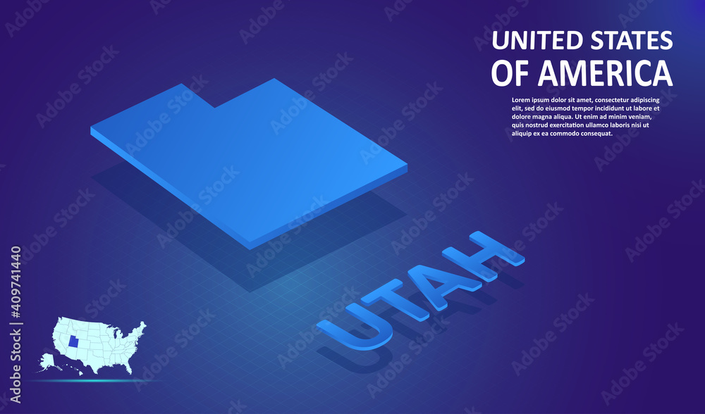 Isometric Utah State map on blue and glowing background. 3D Detailed ...