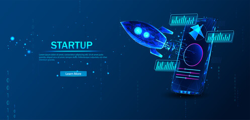 Polygonal Concept Business Startup. The rocket takes off from portal of the mobile phone augmented reality on blue background. Design concept augmented reality. AR and VR Development. Media Technology