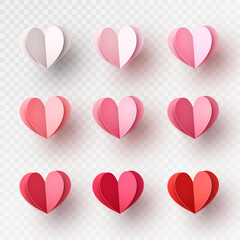 Hearts balloons set isolated on transparent background. Vector paper pink, red symbols of love template for Happy Mother's or Valentine's Day greeting card design