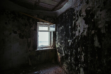 Sticker - Interior of messy dirty room at old abandoned building