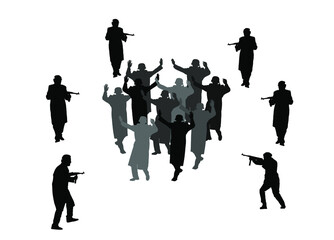 Soldiers with rifle defeated enemy and forced them to surrender. Warriors arrest in war action after battle. Soldiers captured and surrender with raised hands in height vector silhouette illustration.