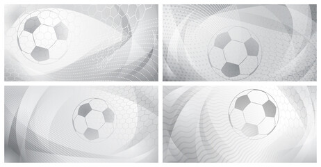 Set of four football or soccer backgrounds with big ball in gray colors