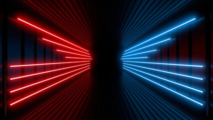 Wall Mural - Sci Fy neon lamps in a dark tunnel. Reflections on the floor and walls. 3d rendering image.