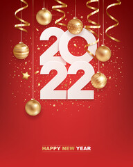 Happy new year 2022. White paper numbers with golden Christmas decoration and confetti on  red background. Holiday greeting card design.
