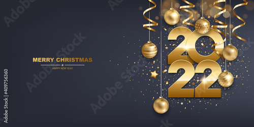 2022 Christmas Cards Ideas Happy New Year 2022 Golden Numbers With Christmas Decoration And