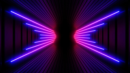 Wall Mural - Sci Fy neon lamps in a dark tunnel. Reflections on the floor and walls. 3d rendering image.