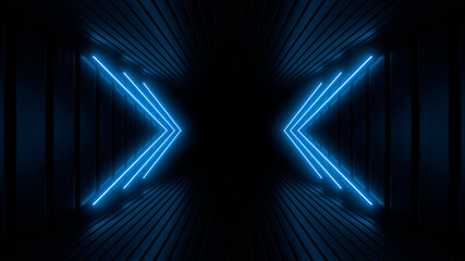 Wall Mural - Sci Fy neon lamps in a dark tunnel. Reflections on the floor and walls. 3d rendering image.