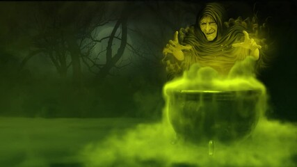 Wall Mural - witch over cauldron in the forest 4k loop features and old with hovering over her cauldron with smok